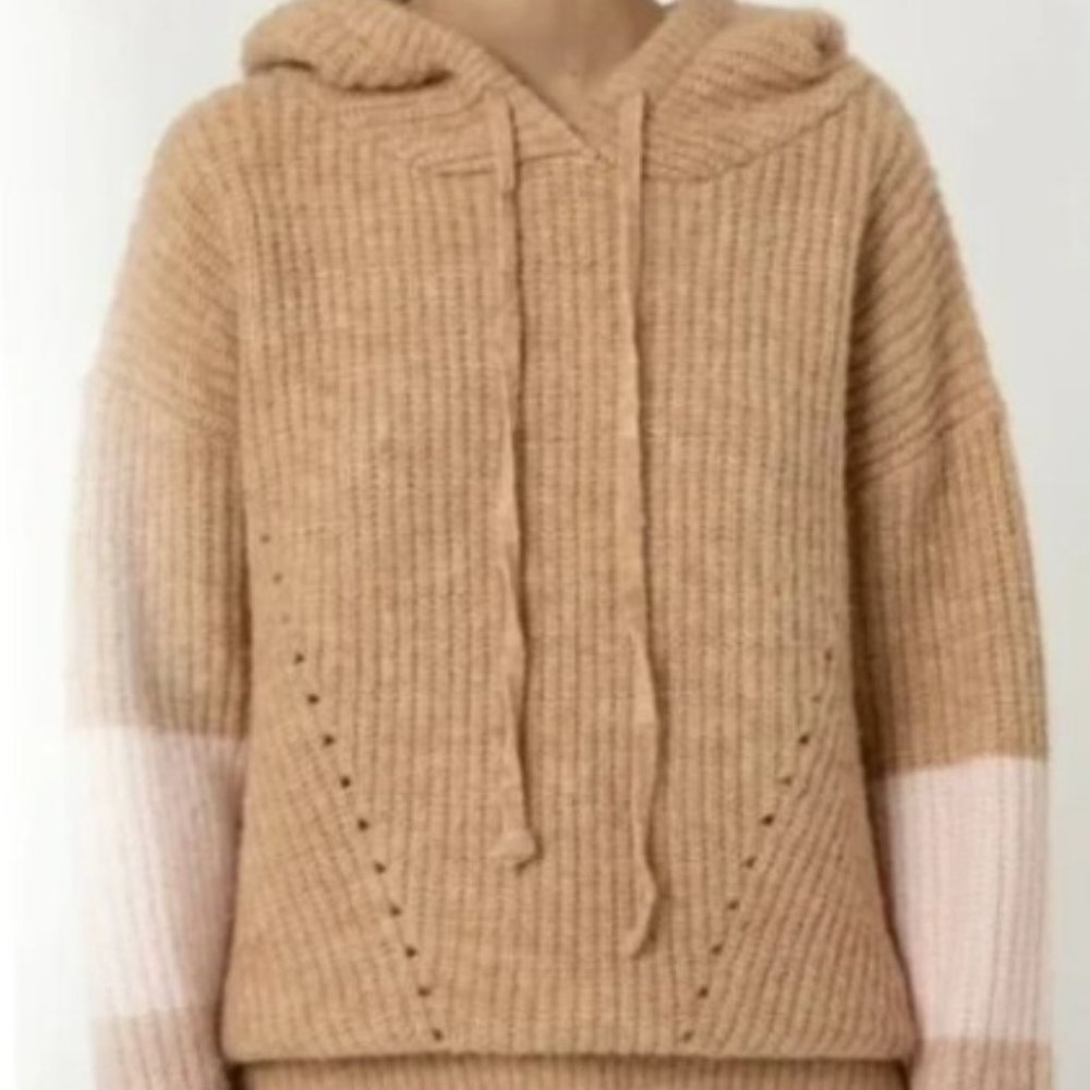 Anthropologie Hooded Ribbed Sweater in Camel with Pale Pink Sleeves